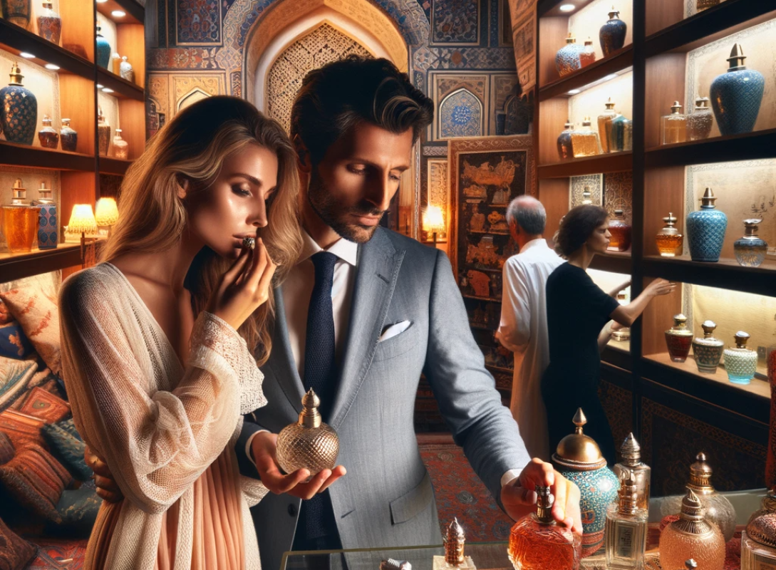DALL·E 2024-01-13 17.22.27 - Imagine a European couple, a man and a woman, in an oriental perfume shop. The couple is closely examining and smelling a perfume bottle, intrigued an